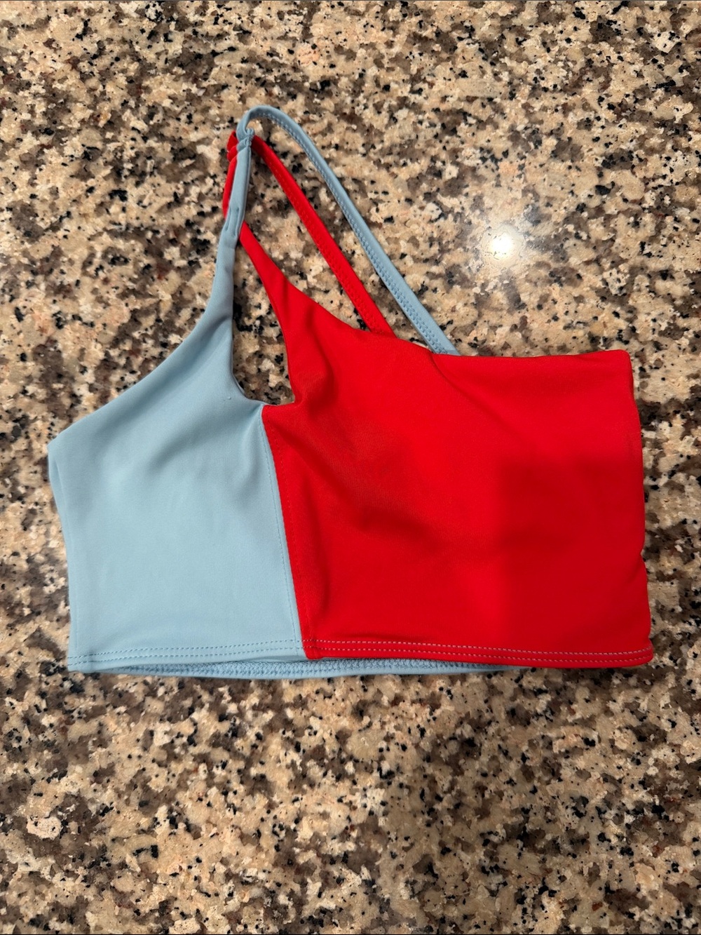 TIGER FRIDAY Two-Tone Red and Light Blue Asymmetric CXL Crop Top